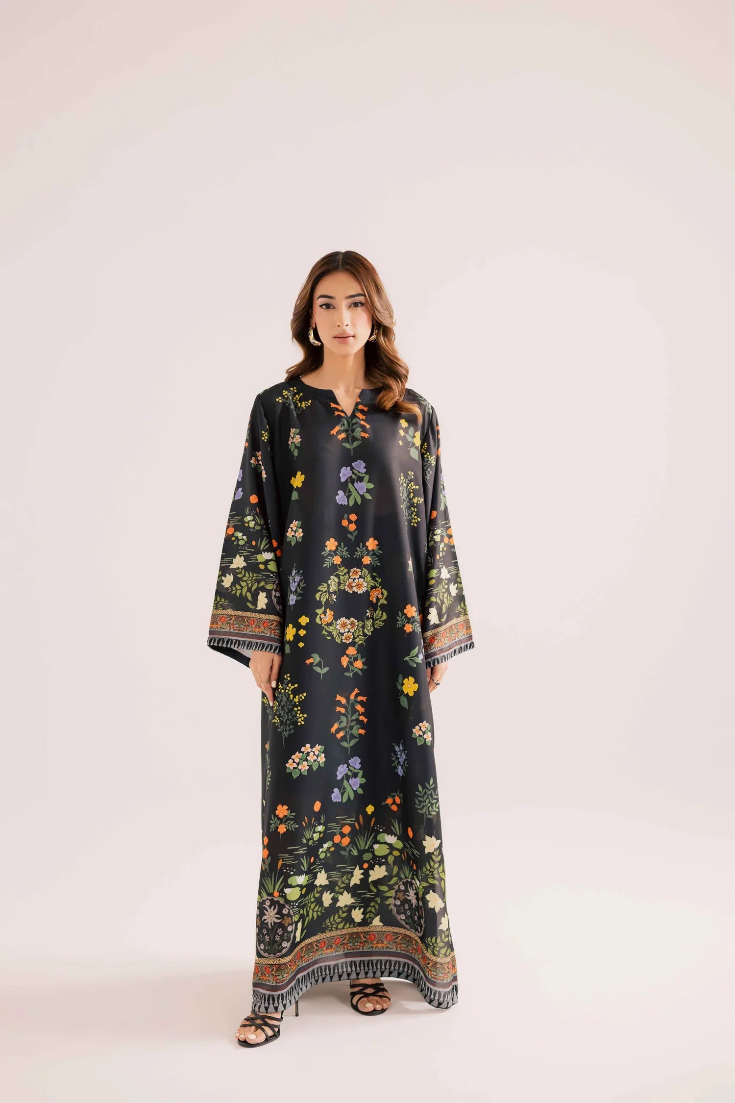 2PC Midnight Black Floral Printed Kaftan