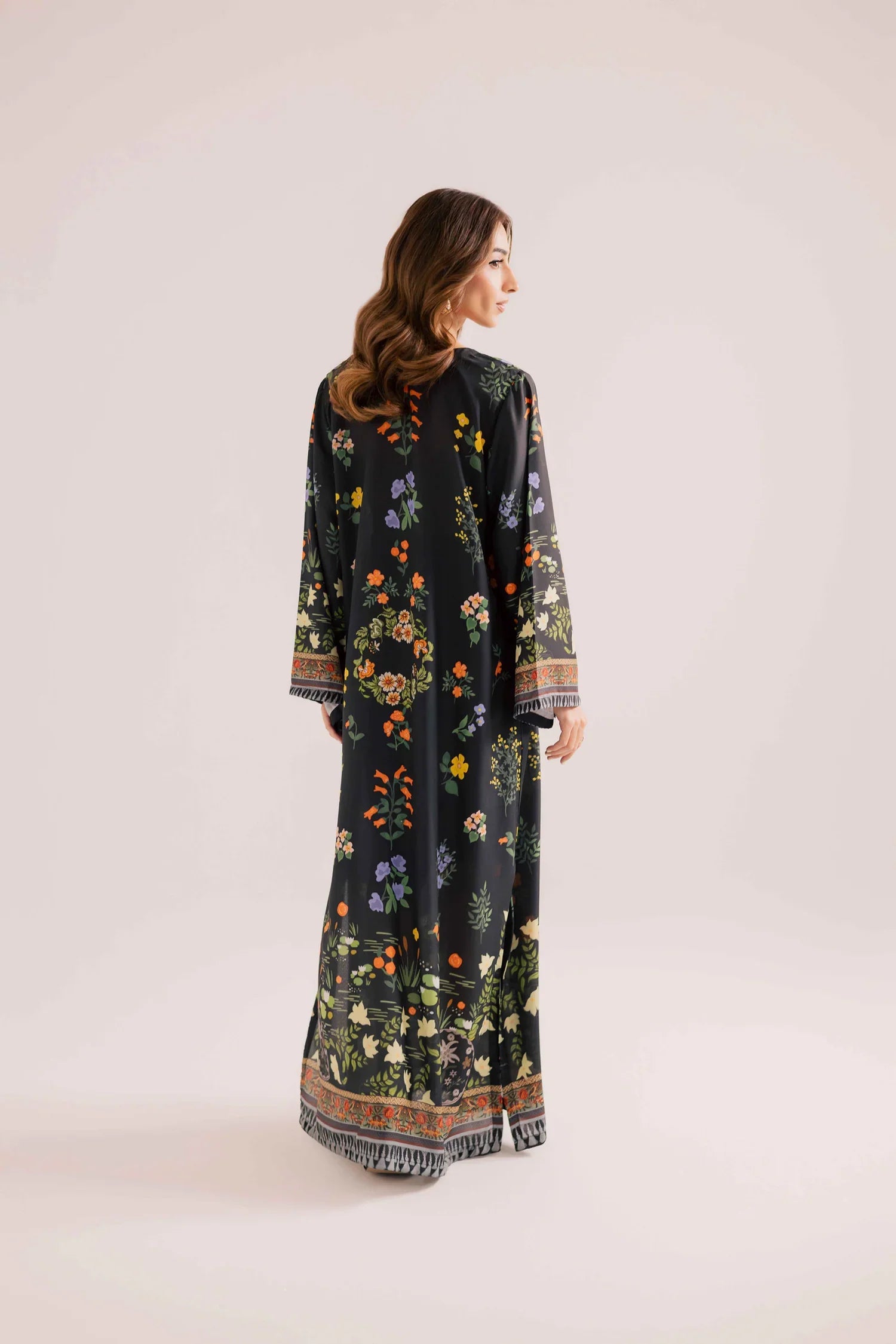 2PC Midnight Black Floral Printed Kaftan