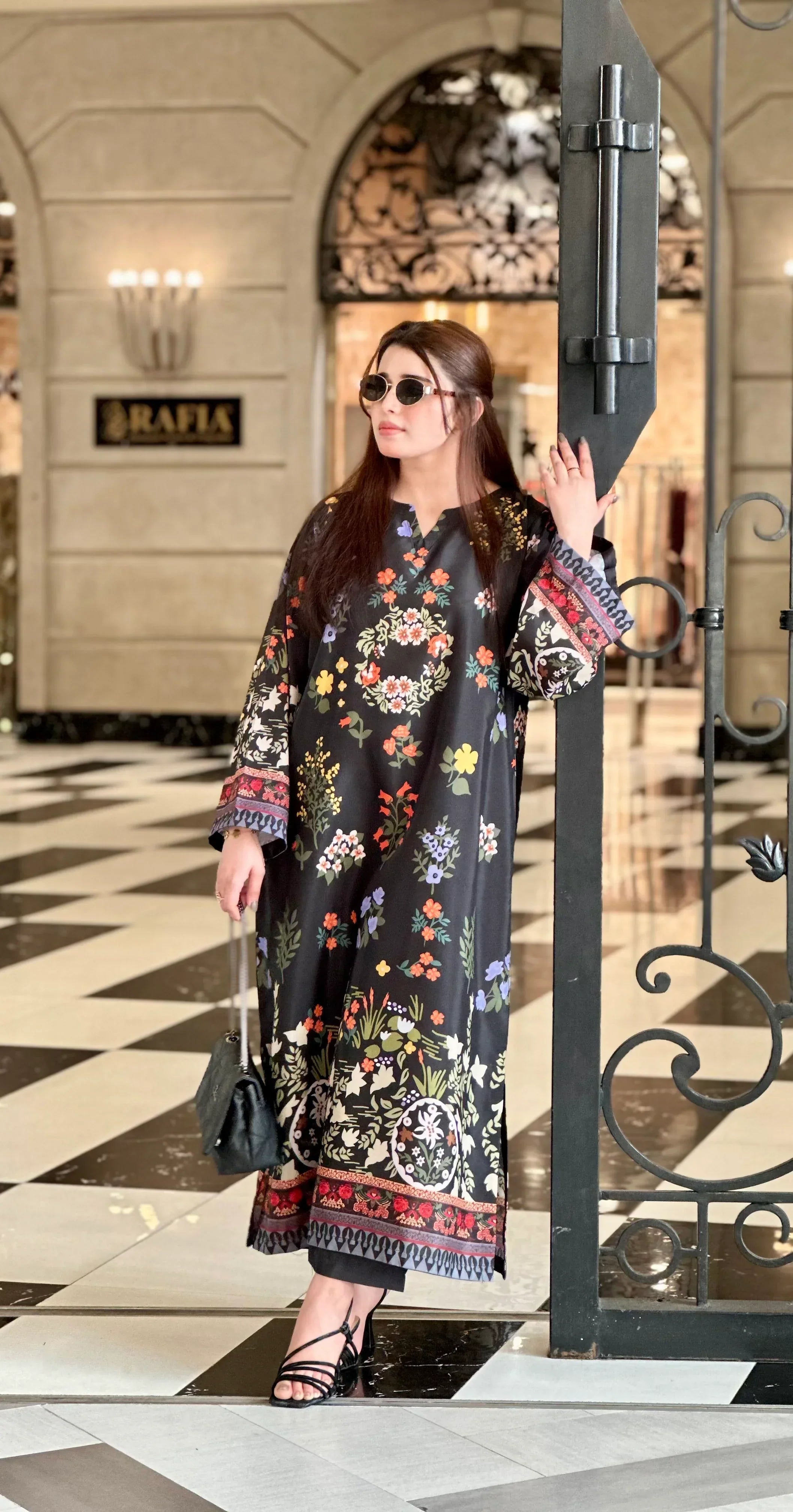 2PC Midnight Black Floral Printed Kaftan